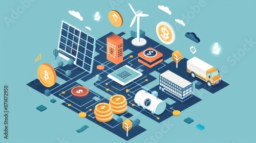Secure blockchain transactions, solar energy storage, energy management software, flat design illustration