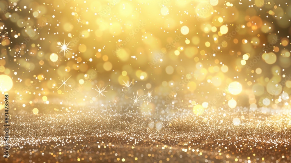 Obraz premium A sparkling abstract background with a golden bokeh effect and glittery particles, creating a festive and magical atmosphere.