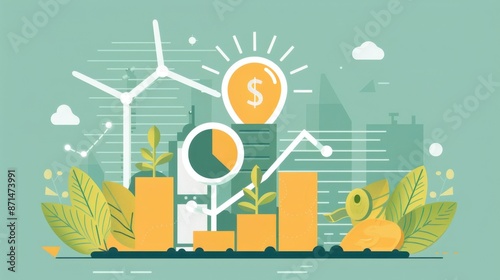 Negative growth financial data, sustainable tech, nextgen energy storage, flat design illustration