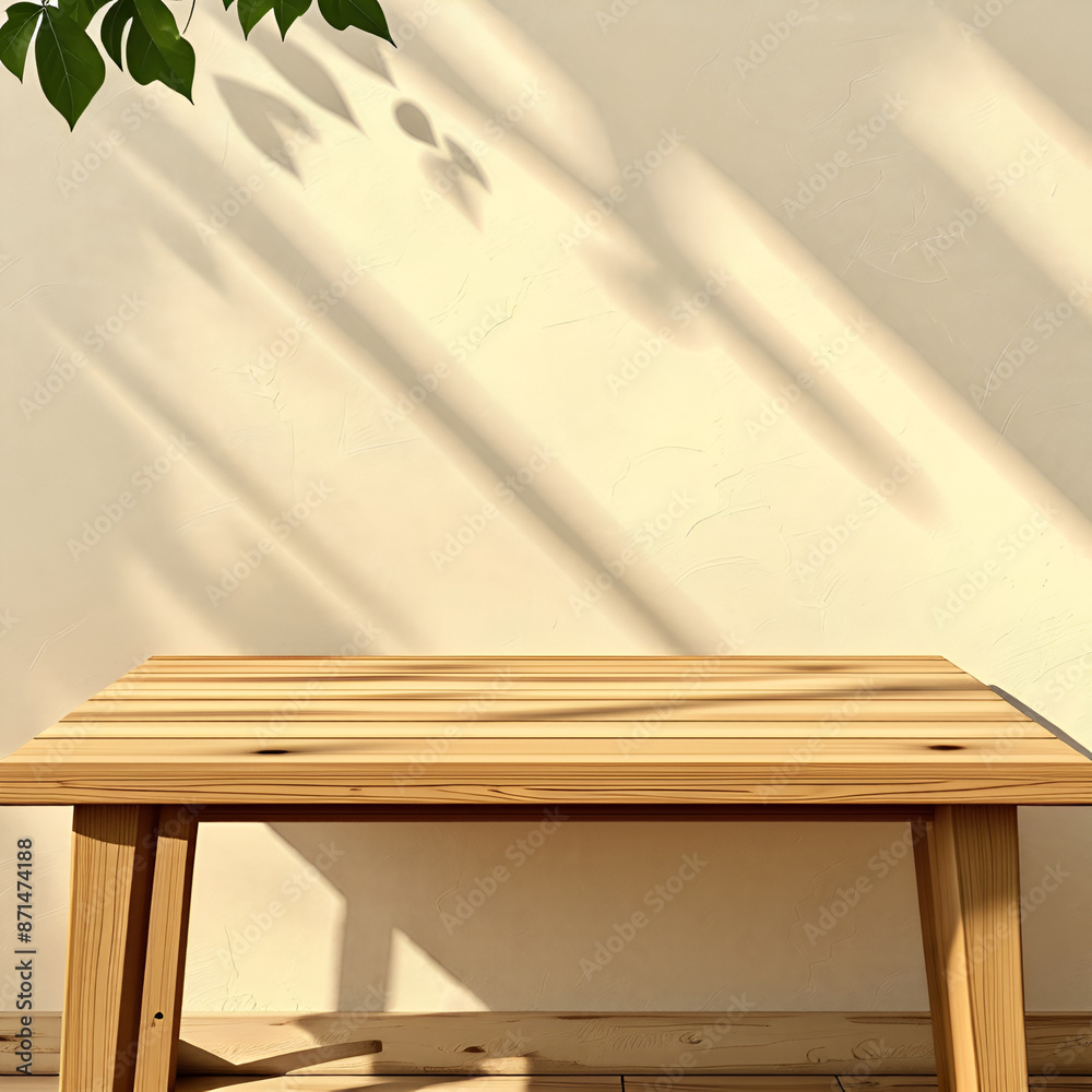Empty wood table top on beige wall texture with tree leaves shadow background Empty wood table top on beige wall texture with tree leaves shadow background