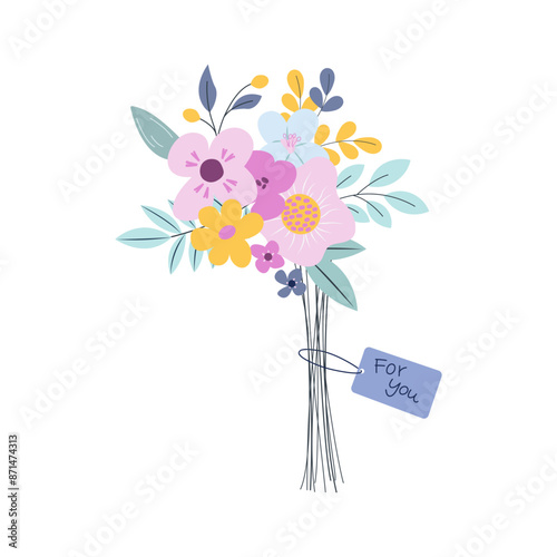 Bouquet with blooming flowers. Florist composition for holiday celebration. Design element for greeting card, invitation, stickers, postcard, poster, print