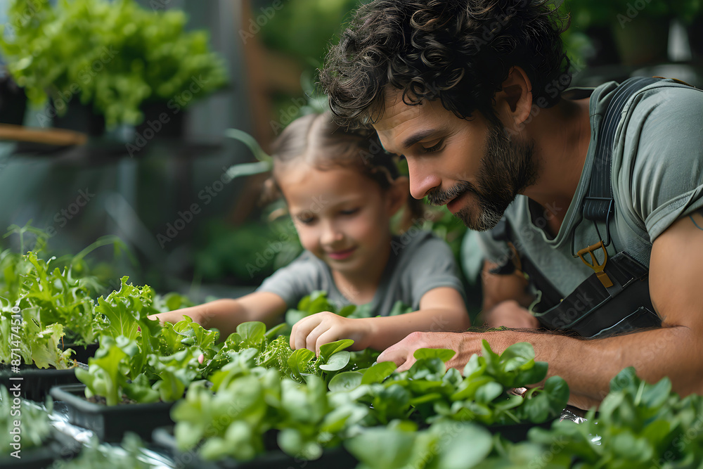 custom made wallpaper toronto digitalFather and daughter gardening together in a greenhouse. Concept of an alternative method of plant cultivation. Plant milking