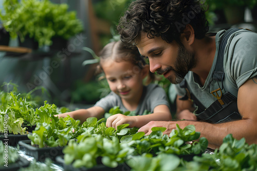 Wallpaper Mural Father and daughter gardening together in a greenhouse. Concept of an alternative method of plant cultivation. Plant milking Torontodigital.ca