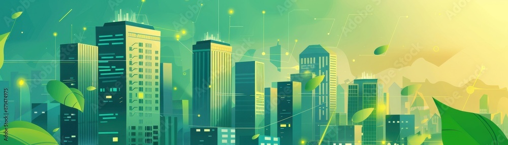 Fototapeta premium Green building technology, blockchain security breach, declining asset graph, flat design illustration