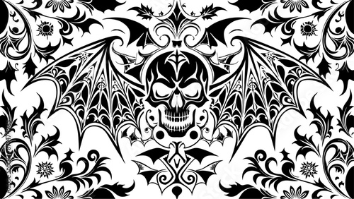 Vektor Hintergrund Gothic Style - Totenkopf mit Ornamenten und Flügel - Florale Design Elemente - Dark Fantasy - Fledermaus Tattoo Silhouette