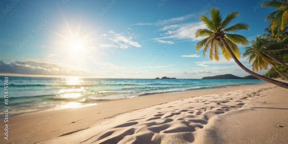 Light sand beach, ocean water sparkles against blue sky. Ai Generative.