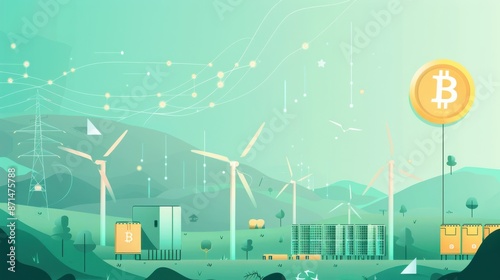 Blockchain network expansion, portable power bank, wind turbine farm, flat design illustration © kitidach