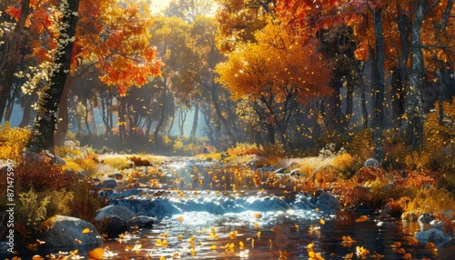 Vibrant autumn forest with colorful foliage and a serene river flowing through © Tangtong