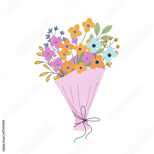 Bouquet with blooming flowers wrapped in craft paper. Florist composition for holiday celebration. Design element for greeting card, invitation, stickers, postcard, poster, print