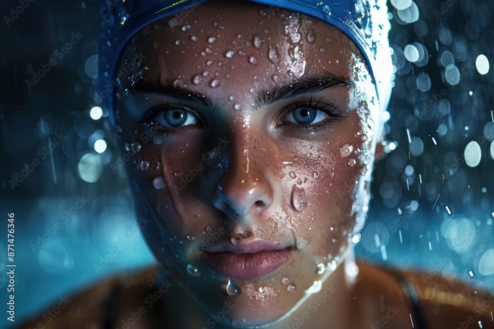 Studio portrait of a world-class swimmer, water droplets highlighting their defined facial features. Studio portrait of a world-class swimmer, water droplets highlighting their defined facial features.