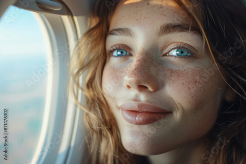 The young woman at the plane window looks at the camera © fanjianhua