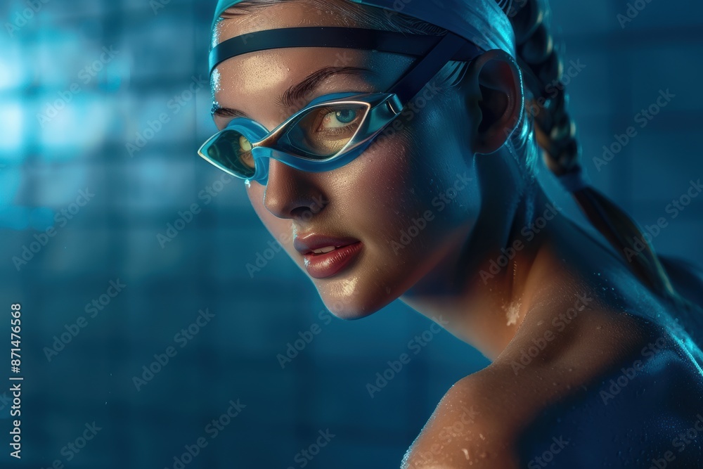 Studio portrait of a world-class swimmer, water droplets highlighting their defined facial features. Studio portrait of a world-class swimmer, water droplets highlighting their defined facial features.