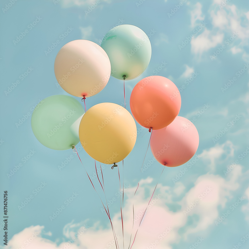 Several pastel colored balloons floating up into the sky. Several pastel colored balloons floating up into the sky.