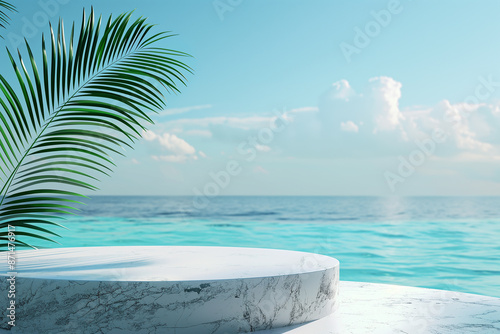 Empty Podium With Palm Leaf Overlooking Tranquil Seascape