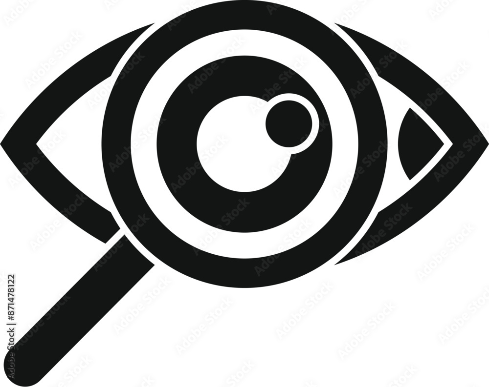 Black and white icon of an eye being examined by a magnifying glass representing research Black and white icon of an eye being examined by a magnifying glass representing research