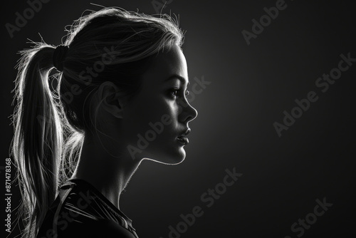 A portrait of a young woman filmed in a studio, with a backlit profile image