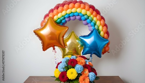 A balloon bouquet arranged in the shape of a rainb photo