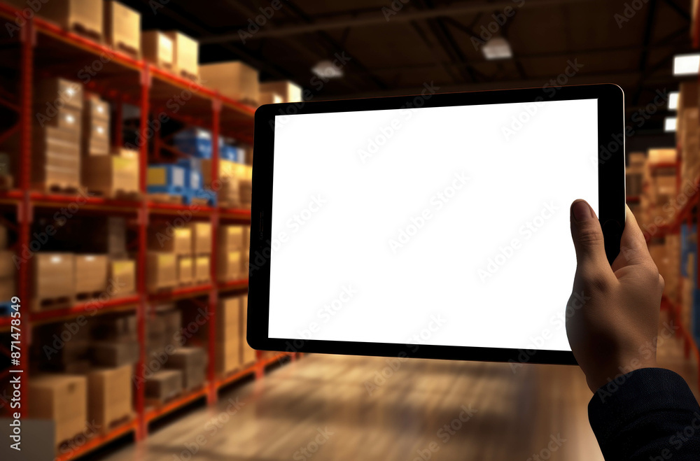 An employee holding a blank tablet in a warehouse logistic to distribute export products An employee holding a blank tablet in a warehouse logistic to distribute export products