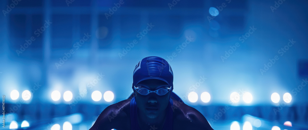 Swimmer exudes focus and intensity in a moody portrait, dramatically lit from both side and front in a darkened studio, outfitted in a sleek racing swimsuit, Swimmer exudes focus and intensity in a moody portrait, dramatically lit from both side and front in a darkened studio, outfitted in a sleek racing swimsuit,