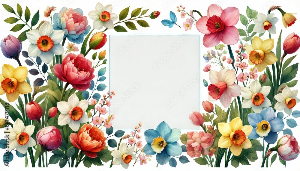 blank center space for text. spring flower clipart beside. watercolor. white background., wide aspect ratio. Summer or spring background. background. Promotion banner, flyer and poster. blank center space for text. spring flower clipart beside. watercolor. white background., wide aspect ratio. Summer or spring background. background. Promotion banner, flyer and poster.