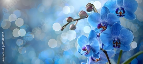 Blue orchids on the blurred background. Banner with space your text. 