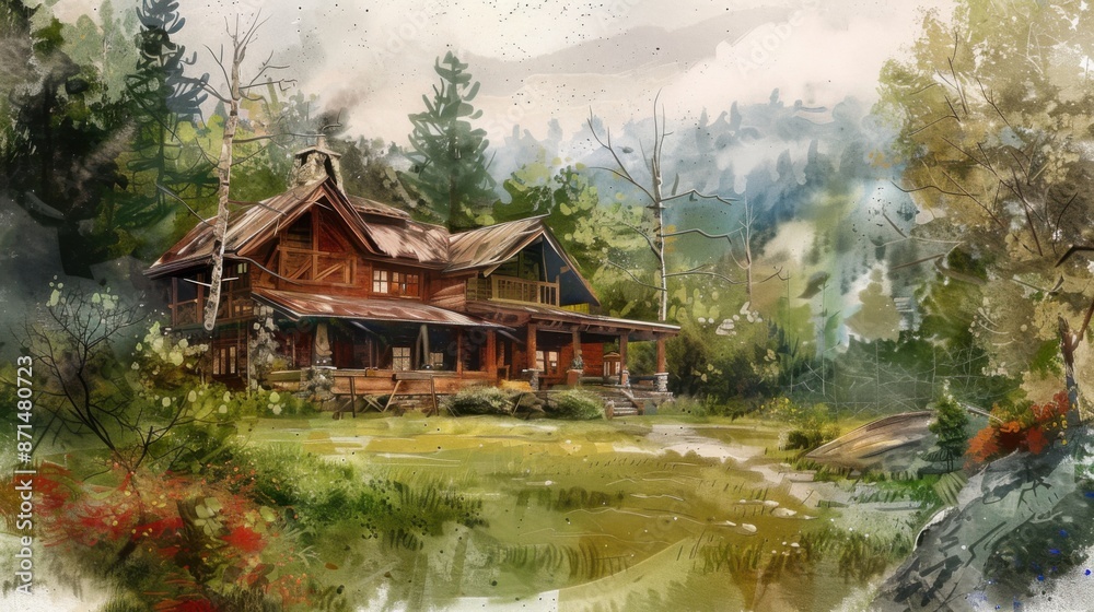 Cozy Mountain Chalet Retreat with Rustic Charm and Serene Watercolor Scenic Views Cozy Mountain Chalet Retreat with Rustic Charm and Serene Watercolor Scenic Views