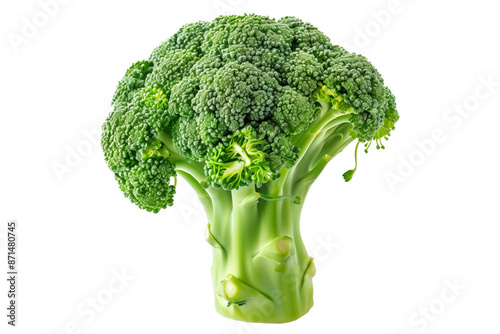 Belstar broccoli floret with green leaves, isolated on a white background.