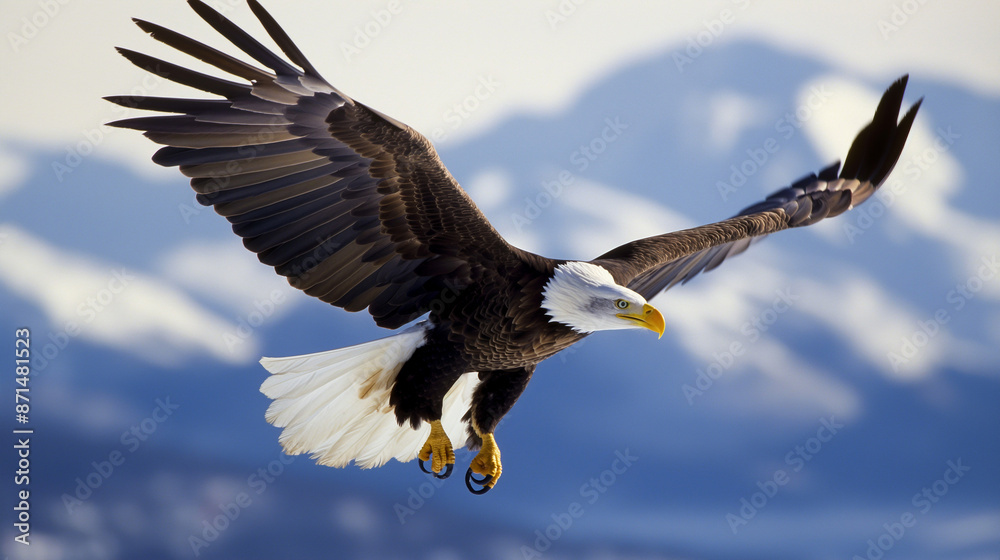 A majestic bald eagle soaring high above the mountains, with its wings spread wide and sharp talons outstretched,Generative AI A majestic bald eagle soaring high above the mountains, with its wings spread wide and sharp talons outstretched,Generative AI