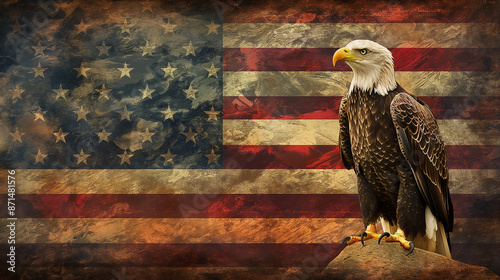 An eagle standing on an american flag with its wings spread out, in the background is stars and stripes,Generative AI