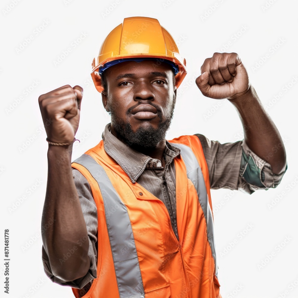 handsome afro american construction worker with raised fists on white background handsome afro american construction worker with raised fists on white background