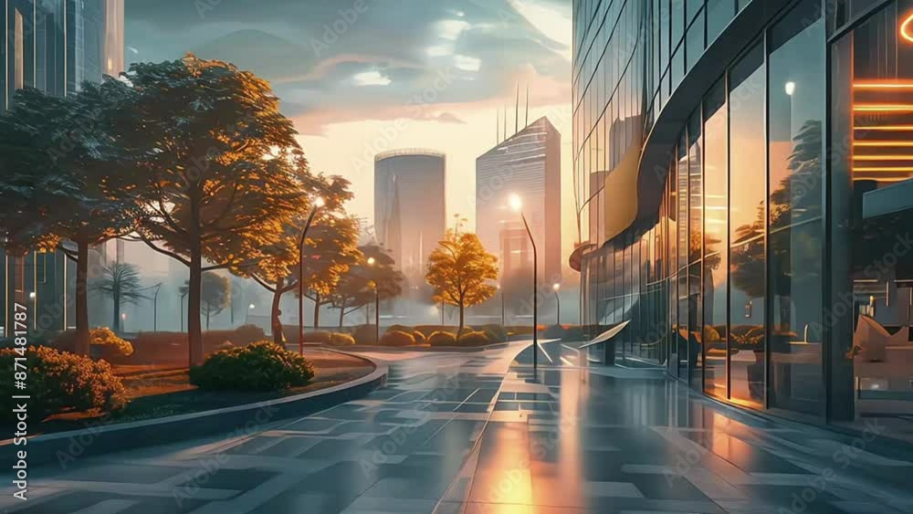 A low-angle perspective of futuristic buildings office skyscraper featuring curved glass window