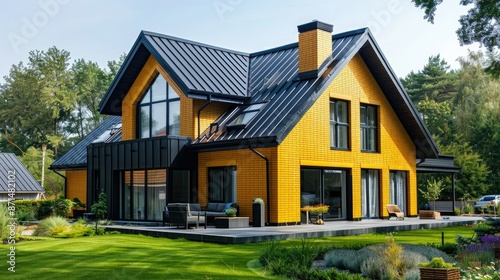 Wallpaper Mural Modern Yellow Brick House with Black Roof and Large Windows Torontodigital.ca
