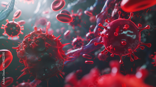 Dynamic 3D representation of virus cells in bloodstream highlighting the significance of vaccinations.