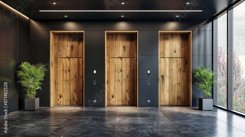 Modern Elevator doors of office or hotel hallway, Lobby interior, corridor in house with lift,Black elegant lift for passenger or cargo elevators,copy space. photo