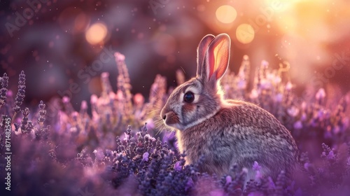 Cute Rabbit in Lavender Field