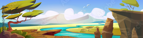 African savannah sunny landscape with blue water in river, green grassland and acacia trees, bushes and rock mountains. Cartoon vector Africa desert nature scenery with white clouds on blue sky.