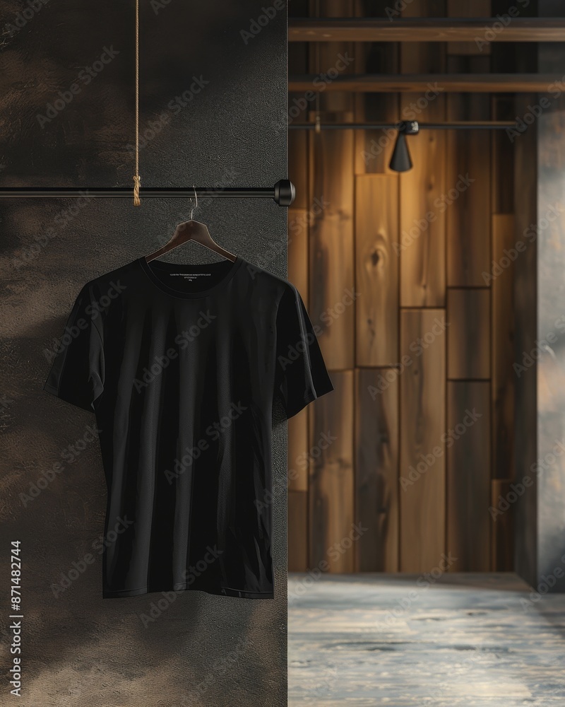 Naklejka premium A plain black t-shirt is presented hanging on a sleek, dark-colored wall hanger against textured wall in a contemporary interior setting