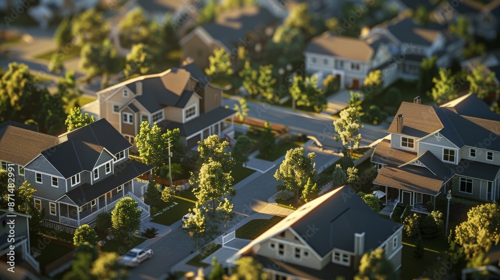 A serene suburban neighborhood captured during the golden hour, highlighting the warm lighting on houses and landscaped streets A serene suburban neighborhood captured during the golden hour, highlighting the warm lighting on houses and landscaped streets