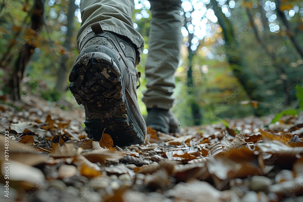 A close-up view of hiking boots walking on a forest trail, crunching on fallen autumn leaves A close-up view of hiking boots walking on a forest trail, crunching on fallen autumn leaves