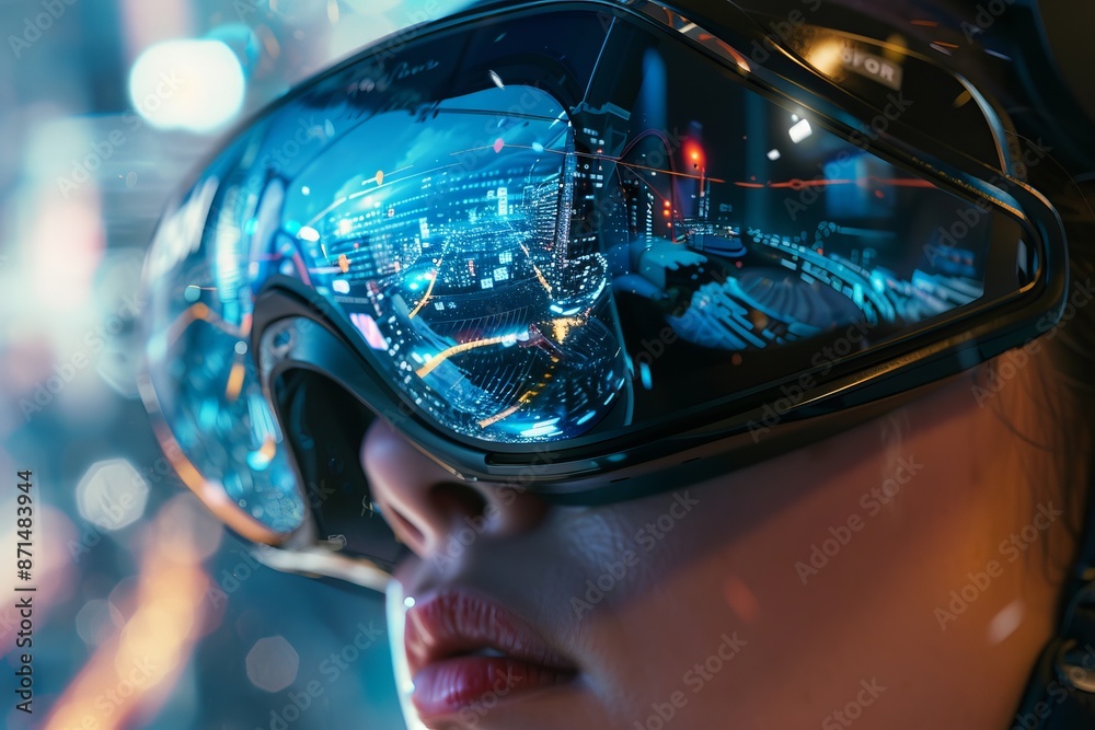 Closeup of a person wearing VR goggles, their eyes gazing into a virtual dreamscape filled with AI-generated landscapes Closeup of a person wearing VR goggles, their eyes gazing into a virtual dreamscape filled with AI-generated landscapes
