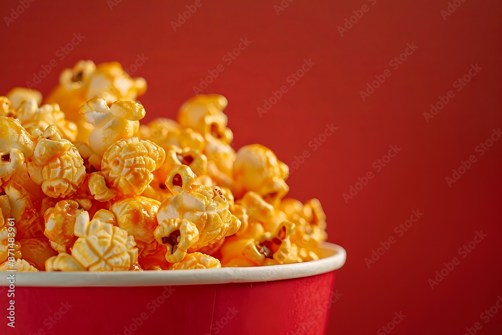 A close-up shot of a popcorn bucket filled with golden, buttery popcorn, captured against a vibrant red background. The focus highlights the texture of each individual popcorn kernel A close-up shot of a popcorn bucket filled with golden, buttery popcorn, captured against a vibrant red background. The focus highlights the texture of each individual popcorn kernel