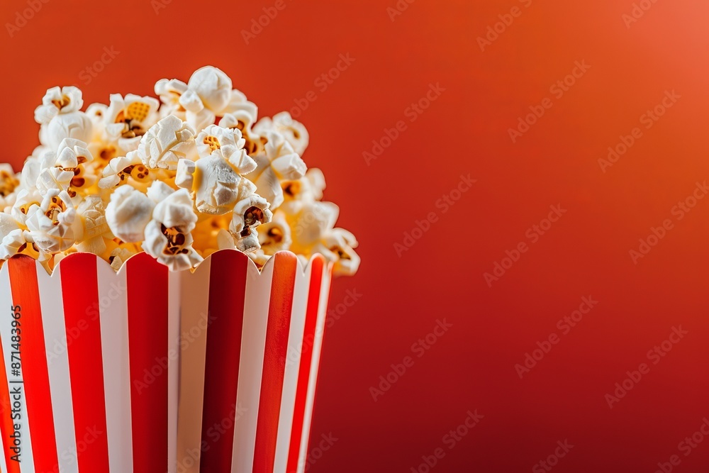 A close-up image of a popcorn bucket against a bright red background, showcasing the fluffy texture of the popcorn kernels A close-up image of a popcorn bucket against a bright red background, showcasing the fluffy texture of the popcorn kernels