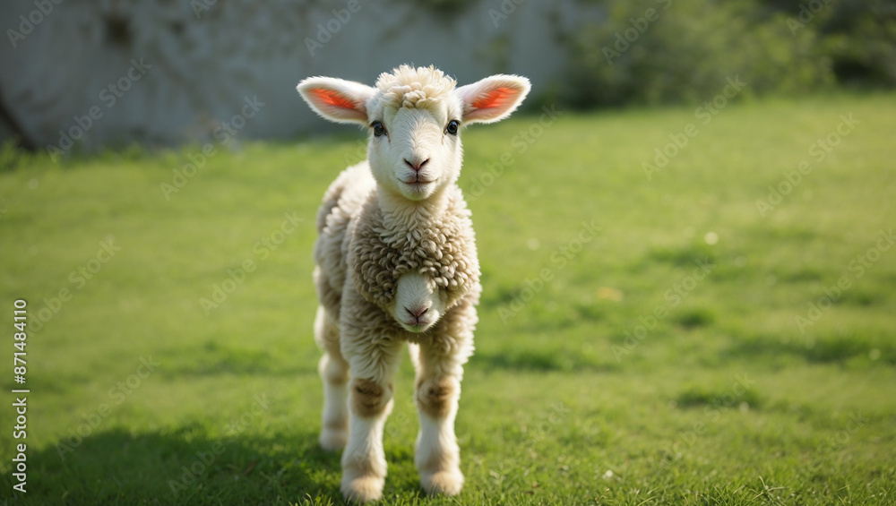 The image shows a white lamb standing in a grassy field. It is looking directly at the camera.
The image shows a white lamb standing in a grassy field. It is looking directly at the camera.