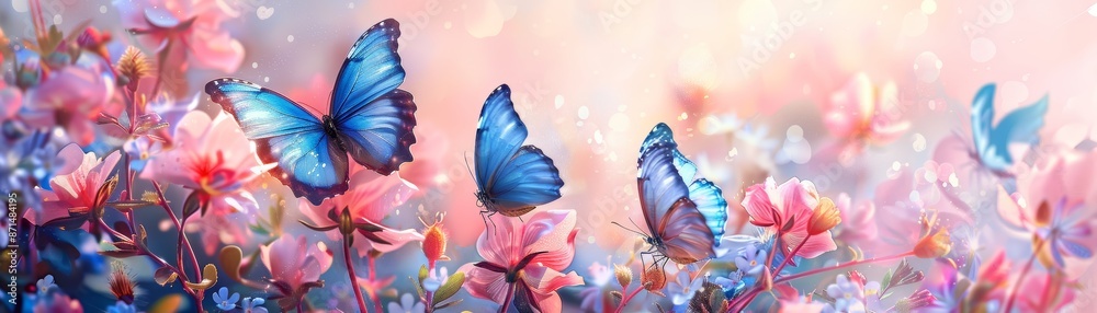 Blue butterflies fly among soft pink and purple flowers in a dreamy, magical scene. Blue butterflies fly among soft pink and purple flowers in a dreamy, magical scene.