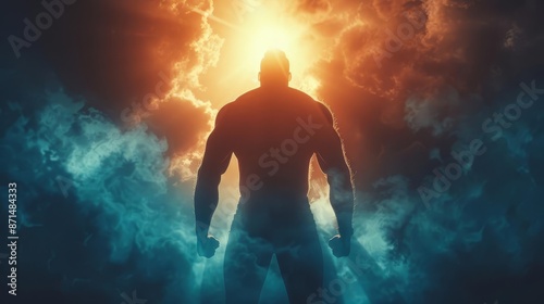 Wallpaper Mural Businessman standing in front of silhouette with strong man shape, glowing light from behind and big biceps, business concept background , photo realistic Torontodigital.ca