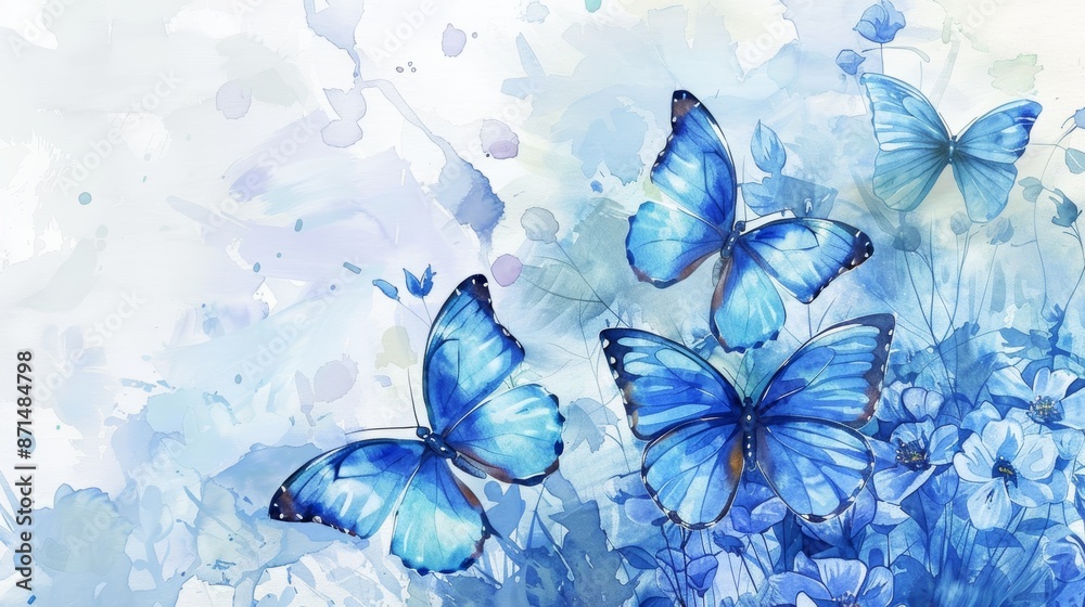 Watercolor painting of four blue butterflies flying against a white background with blue splatter paint. Watercolor painting of four blue butterflies flying against a white background with blue splatter paint.