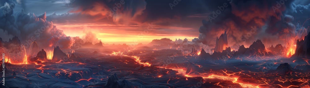 A fiery landscape with a glowing sky, hinting at a catastrophic event. A fiery landscape with a glowing sky, hinting at a catastrophic event.