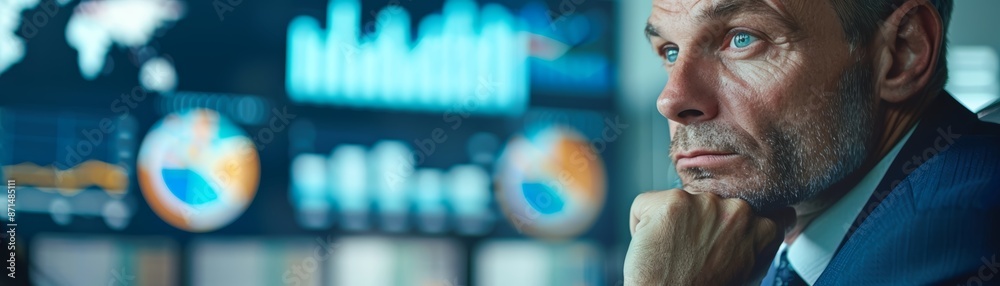 A man in a suit sits thoughtfully, analyzing data on a screen. A man in a suit sits thoughtfully, analyzing data on a screen.