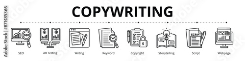 Copywriting Line Banner Web Icon Set Vector Illustration, SEO AB Testing Writing Keyword Copyright Storytelling Script Webpage