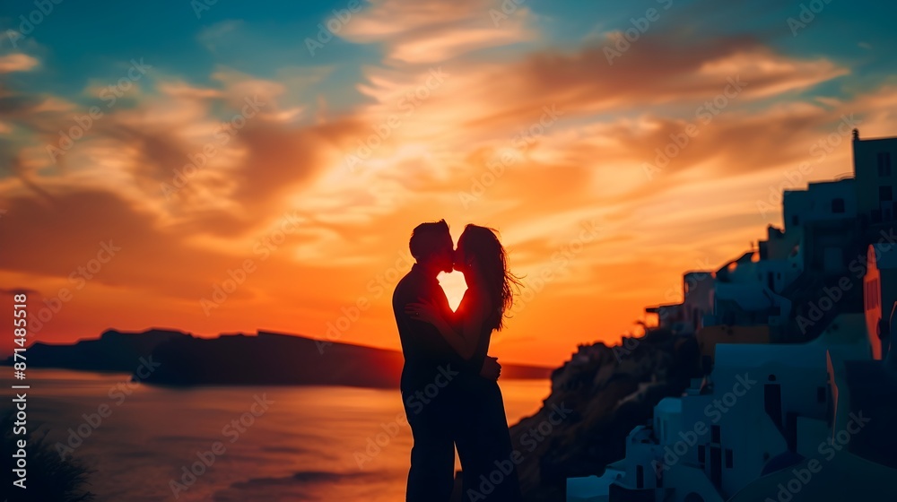 Fototapeta premium Silhouetted Couple Kissing in Romantic Santorini Sunset Backdrop
